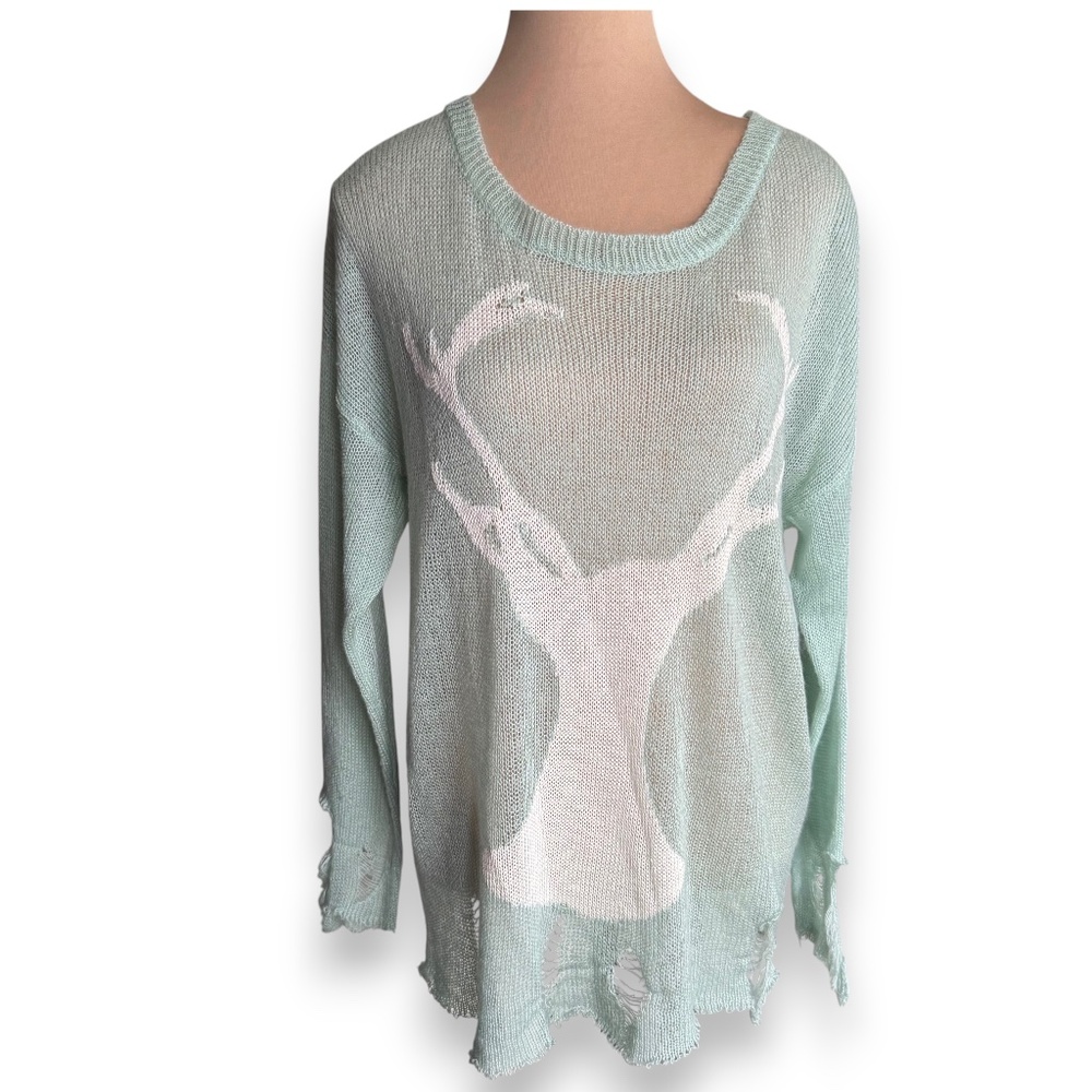 ROMWE mint distressed deer sweater sheer knit long sleeve